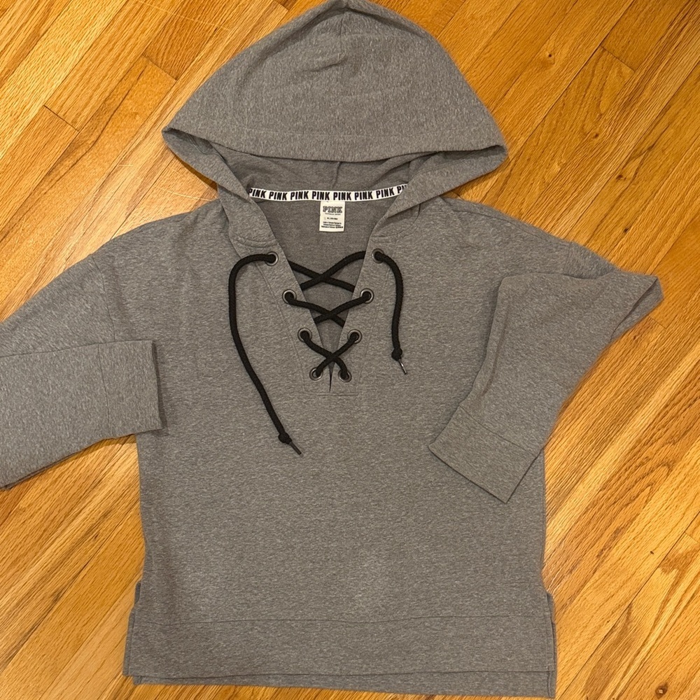 PINK Hoodie with Black Lace-Up Detail